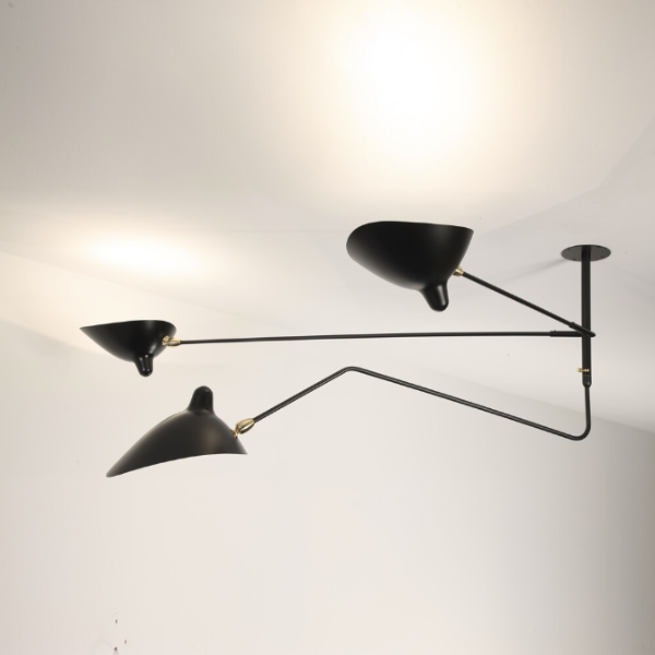Serge Mouille Ceiling Lamp 2 Fixed Arms 1 Rotating Curved Arm